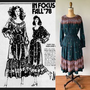Vintage 1970s Teal Green Purple Floral Tiered Midi Skirt Boho Peasant Dress XS S